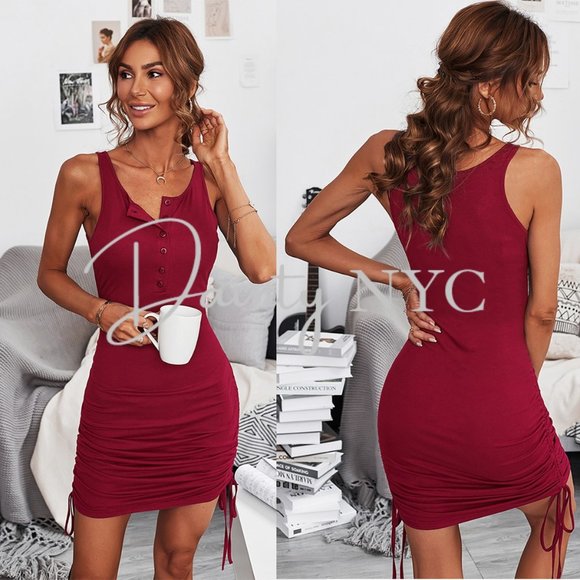 Ribbed Side Ruched Lace Up Mini Dress Wine Red - Picture 1 of 9